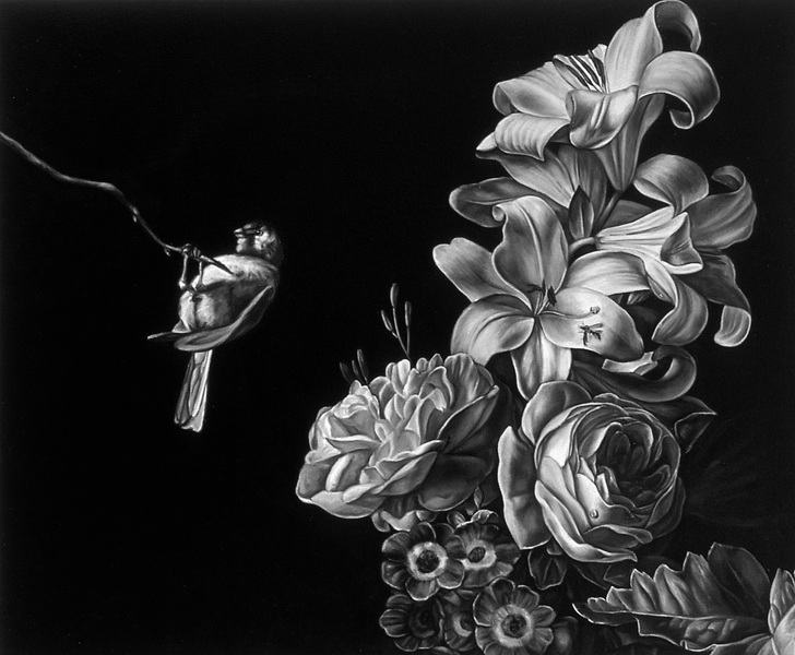 On a Twig (after Schrieck, Van Huysum, and van den Broeck) Shelley Reed Flora oil on canvas