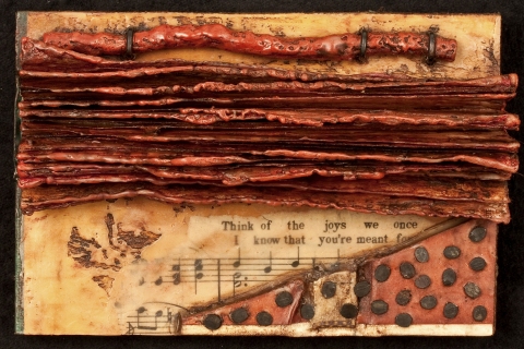  Small Works vintage sheet music, book pages, nails, textiles encaustic