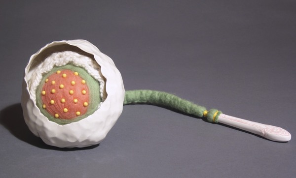 pink and green tool or toy Toyls (toys and tools) ceramic, wool, thread and pins