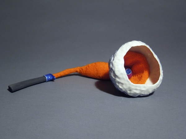 blue and orange tool or toy Toyls (toys and tools) glazed ceramic, wool and thread