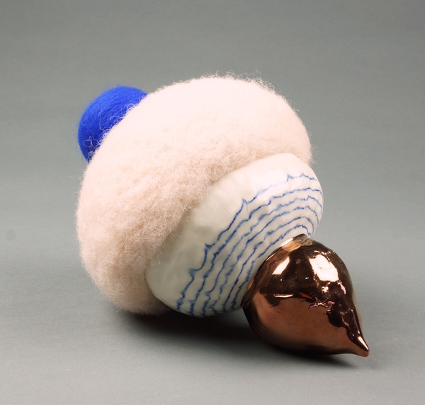 blue, pink and copper sculpture porcelain, luster, fiber