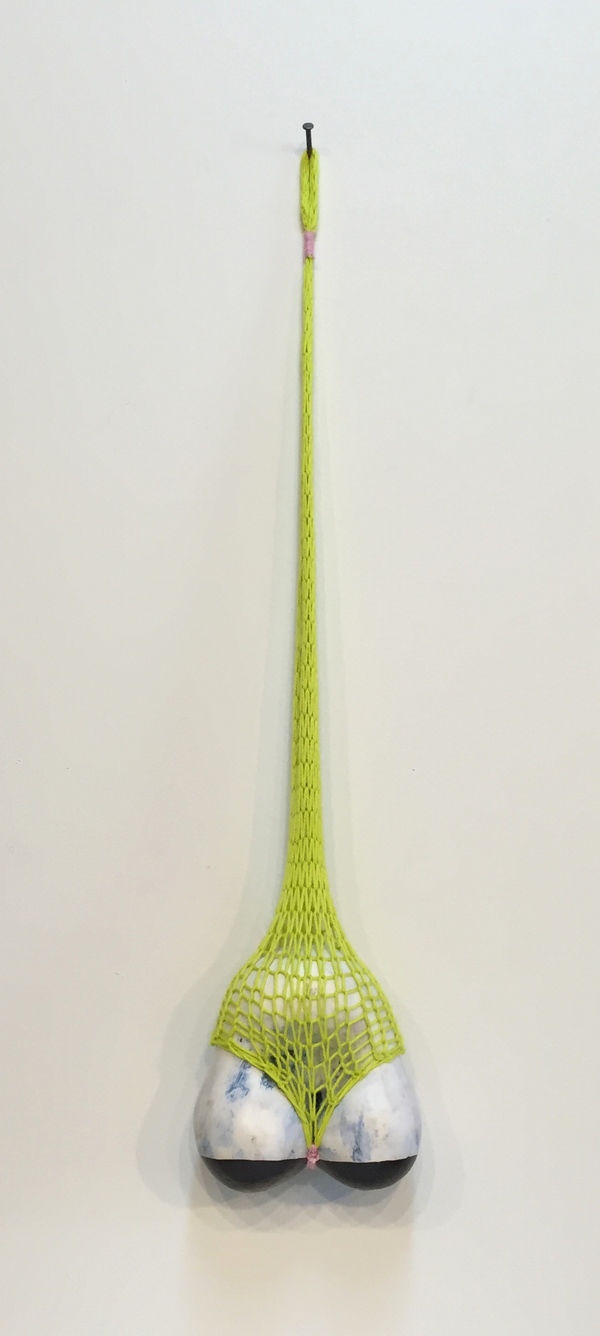 hard form with green knit covering sculpture earthenware, wool