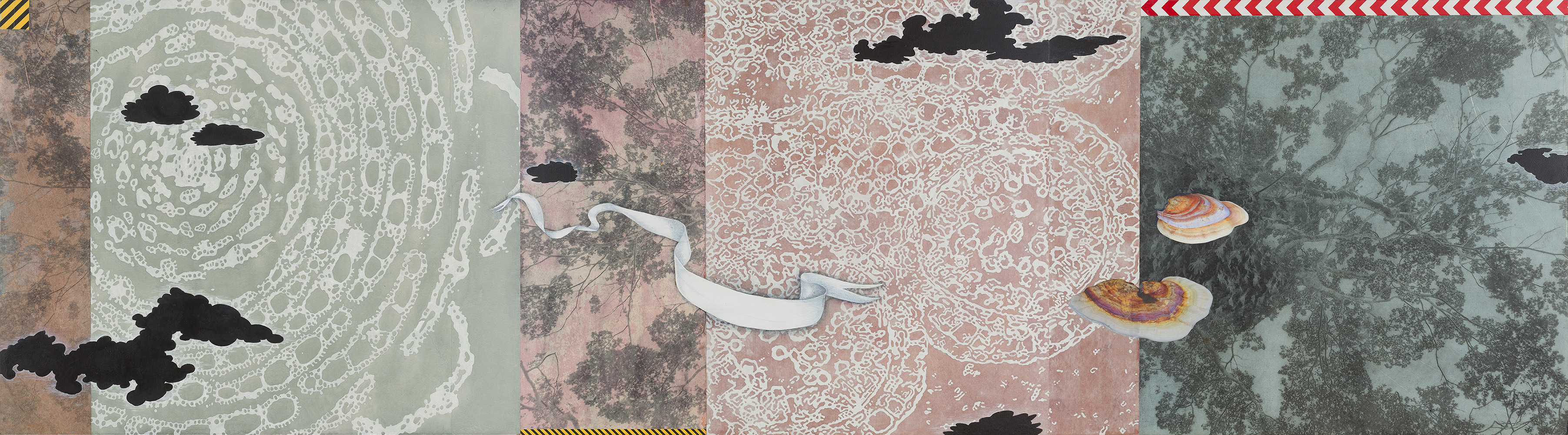 We Asked for Signs Tanja Softić Pastoral Landscapes 2022 acryllic, chalk, photopolymer etching, photo collage on Japanese paper mounted on panels