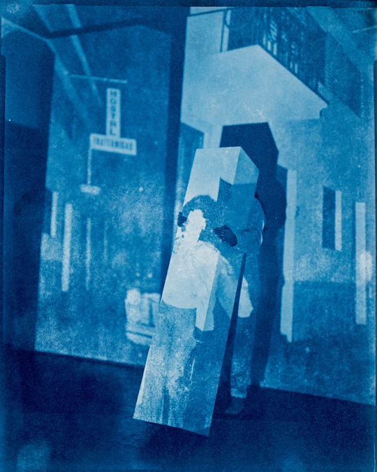Self Portrait with Woman at Hostal (Holding), 1979 Lima, Peru/2019 Los Angeles, CA. Cyanotype 8x10/20x24, 2019. TARRAH KRAJNAK 1979: CONTACT NEGATIVES
