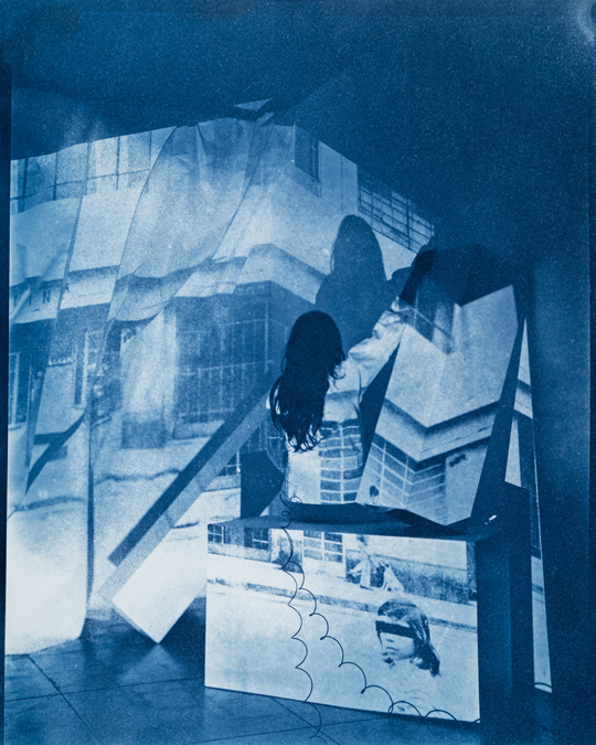 Self Portrait as Building with Child Prostitute, 1979 Lima, Peru/2019 Los Angeles, CA. Cyanotype 8x10/20x24, 2019. TARRAH KRAJNAK 1979: CONTACT NEGATIVES