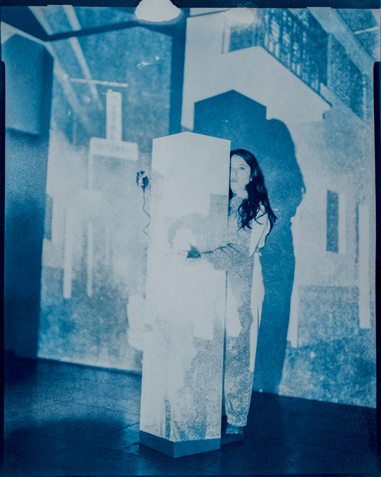 Self Portrait with Woman at Hostal (Holding 2), 1979 Lima, Peru/2019 Los Angeles, CA. Cyanotype 8x10/20x24, 2019. TARRAH KRAJNAK 1979: CONTACT NEGATIVES