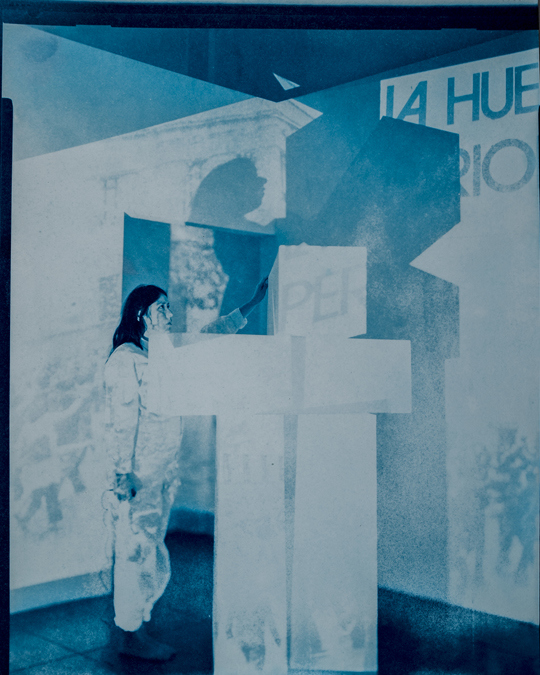 Self Portrait as Protestor (Arm Raised), 1979 Lima, Peru/2019 Los Angeles, CA. Cyanotype 8x10/20x24, 2019. TARRAH KRAJNAK 1979: CONTACT NEGATIVES