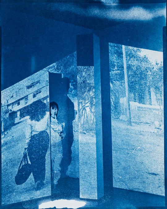 Self Portrait with Walking Woman with Bag, 1979 Lima, Peru/2019 Los Angeles, CA. Cyanotype 8x10/20x24, 2019. TARRAH KRAJNAK 1979: CONTACT NEGATIVES