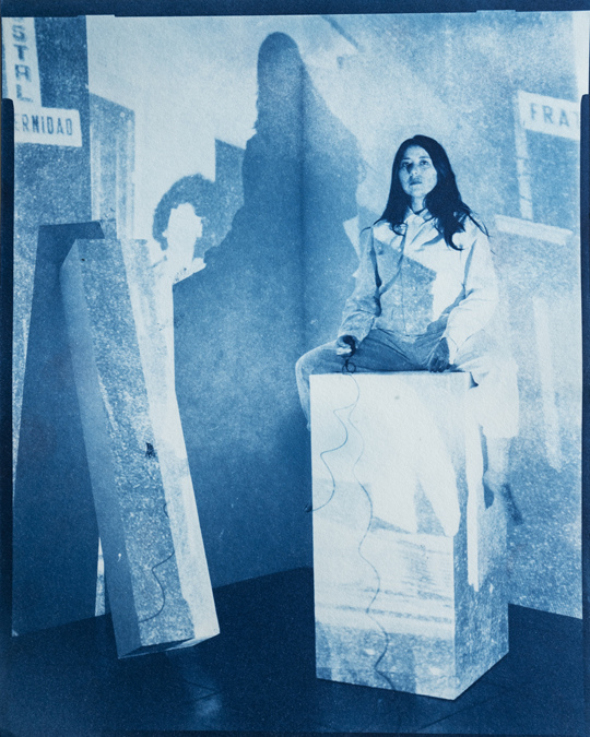Self Portrait with Woman at Hostal (Sitting), 1979 Lima, Peru/2019 Los Angeles, CA. Cyanotype 8x10/20x24, 2019. TARRAH KRAJNAK 1979: CONTACT NEGATIVES
