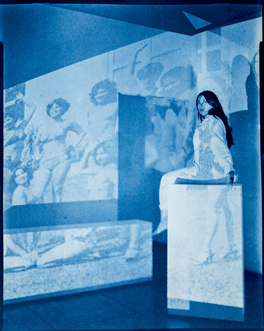 Self Portrait as Miss Universe Contestant (Sitting), 1979 Lima, Peru/2019 Los Angeles, CA. Cyanotype 8x10/20x24, 2019. TARRAH KRAJNAK 1979: CONTACT NEGATIVES