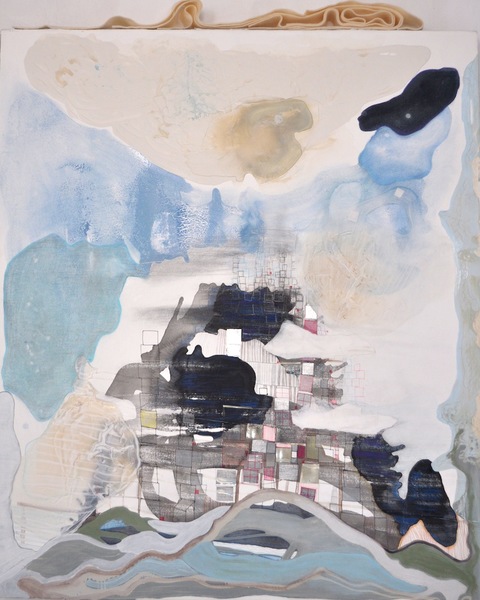 "Blue Mound" Past Works Flashe paint, color pencil, ink, and felt on Rives BFK paper on stretched linen