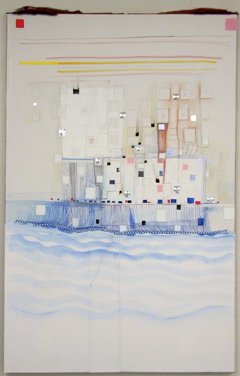 "I Dreamed I Had Beach Front Property" Past Works Flashe paint, color pencil, pen, felt, sand on Arches watercolor paper on linen