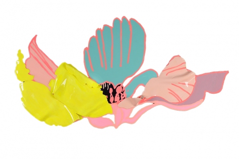 Pink, yellow and blue flower TIFFANY WOLLMAN 2012 Resin on house, spray and acrylic paint on handcut woodpanel