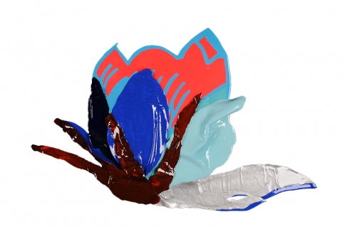 Blue flower TIFFANY WOLLMAN 2012 Resin on house, spray and acrylic paint on handcut woodpanel
