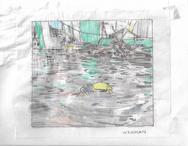 Figure floating TIFFANY WOLLMAN 2019 Pencil and pencil crayon on paper, water wrinkle