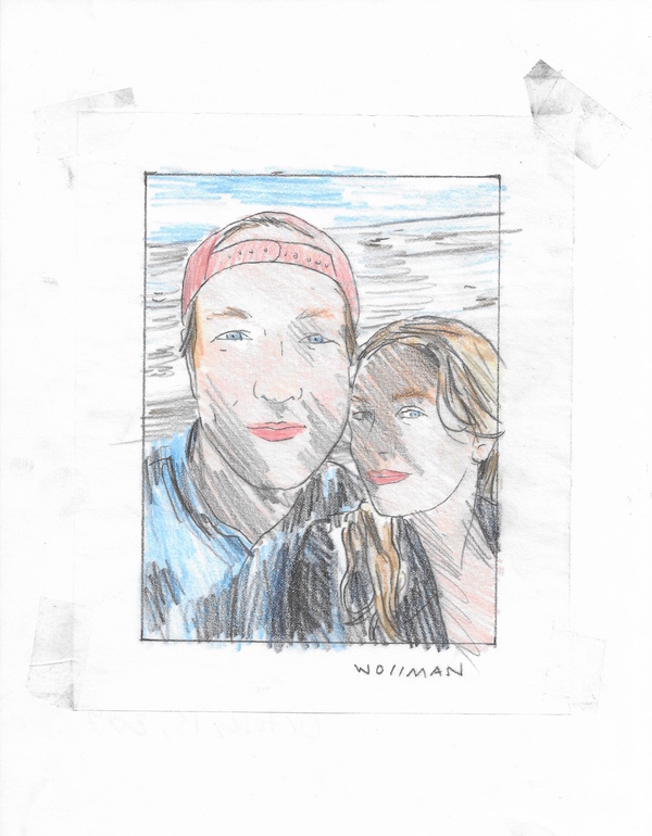 Coney Island selfie with bf TIFFANY WOLLMAN 2019 Pencil and pencil crayon on paper