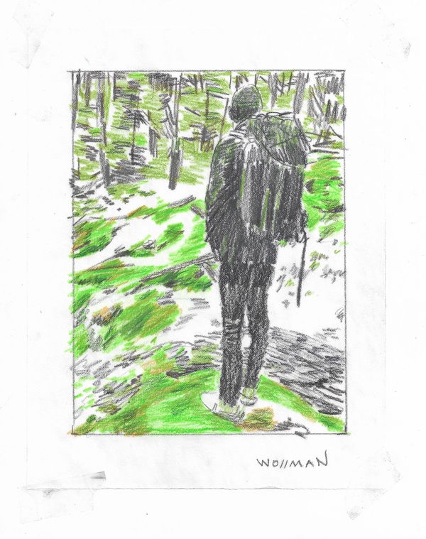 Jared watching the water run over the vibrating green earth TIFFANY WOLLMAN 2019 Pencil and pencil crayon on paper