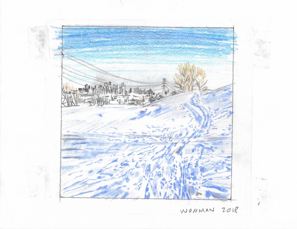 Crosscourt skiing in the city TIFFANY WOLLMAN 2018 Pencil and pencil crayon on paper