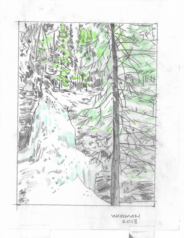 Troll falls TIFFANY WOLLMAN 2018 Pencil and pencil crayon on paper