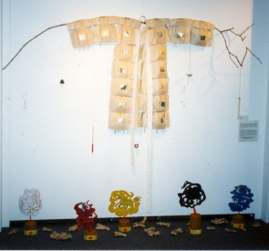 Tina Seligman Soundscape: China Chinese paper joss, joss incense, silk thread, ink, wood, metal, ceramic, water, chamois, acrylic, ginger