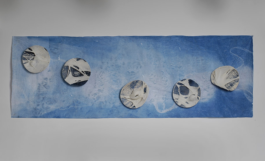 Tomoko Amaki Abe Installation ceramic on cyanotype print