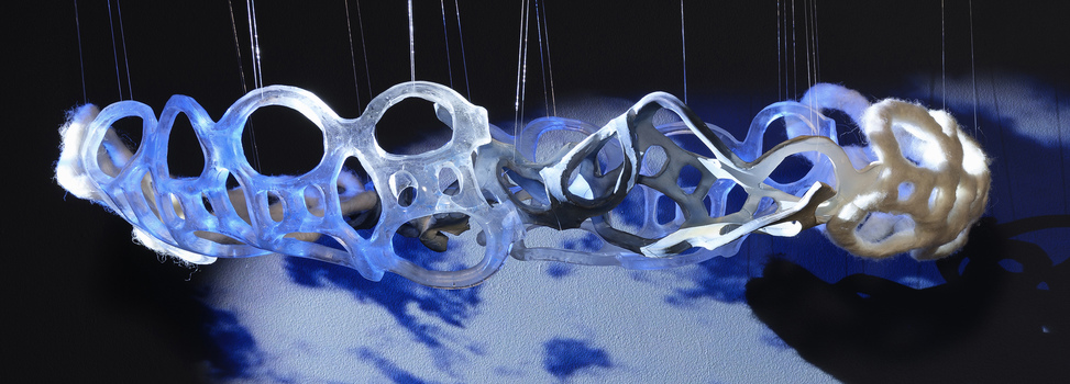 Tomoko Amaki Abe Installation Kiln Cast Glass, Cyanotype on Porcelain, Wool, Video projection