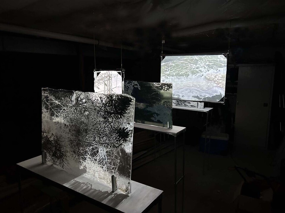 Tomoko Amaki Abe Installation Glass, Cotton Organza, Pipes, video projection