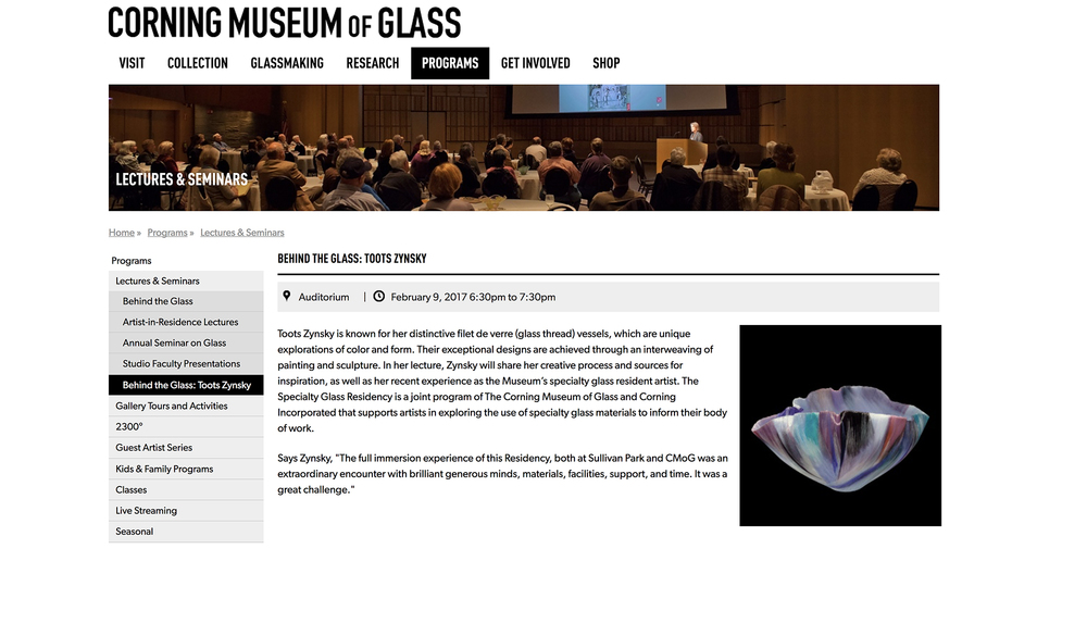 Toots Zynsky's Behind the Glass Lecture at Corning Museum of Glass. On the Web