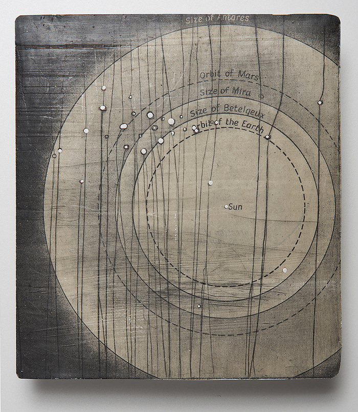 Light Orbit Night Maps etching on printed matter with beeswax and acrylic