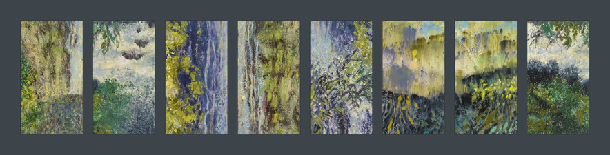 Waterfalls Book, No. 2 Waterfalls, Book Two Images made 2012. Materials and process: ink monotype on Yupo synthetic paper, 11x6” each. Sequenced and bound 2017 on Khadi handmade paper, approximately 15x8 x1” when closed, 15x17” when open.