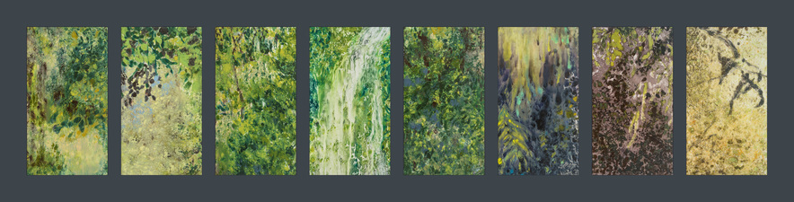 Waterfalls Book, No. 3 Waterfalls, Book Three Images made 2012. Materials and process: ink monotype on Yupo synthetic paper, 11x6” each. Sequenced and bound 2017 on Khadi handmade paper, approximately 15x8 x1” when closed, 15x17” when open.