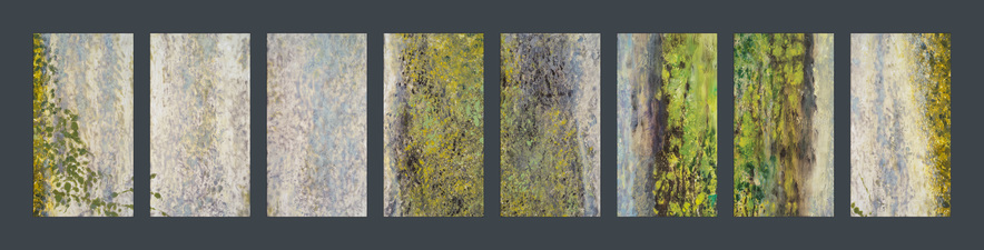 Waterfalls Book, No. 4 Waterfalls, Book Four Images made 2012. Materials and process: ink monotype on Yupo synthetic paper, 11x6” each. Sequenced and bound 2017 on Khadi handmade paper, approximately 15x8 x1” when closed, 15x17” when open.