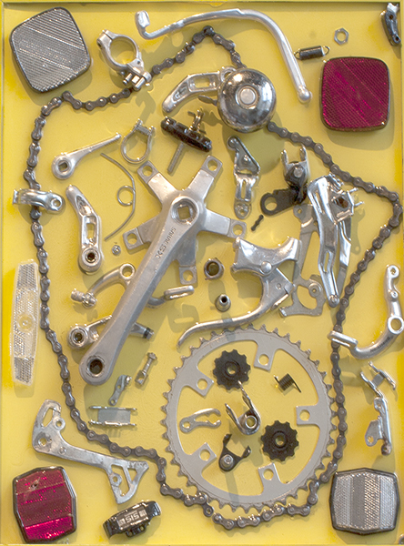 Yellow Bike Gear / Mixed Media Assemblage / 20.5 x 16.25 inches / SOLD / Signed, dated, and inscribed on verso: Yellow Bike Gear / Artist: John Wilson © 2012 ASSEMBLAGE