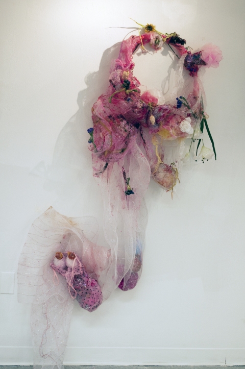 aimee hertog Installation and Sculpture Discarded plastic hoop, fake and real flowers, mesh fabric, doll clothes, baby bottle nipples, resin, paint, luffas, glitter