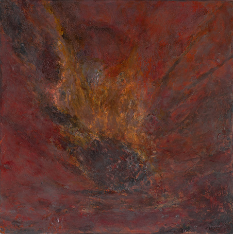 Alan Hobscheid Petra oil, charcoal, and abrasion on copper mounted to wood panel