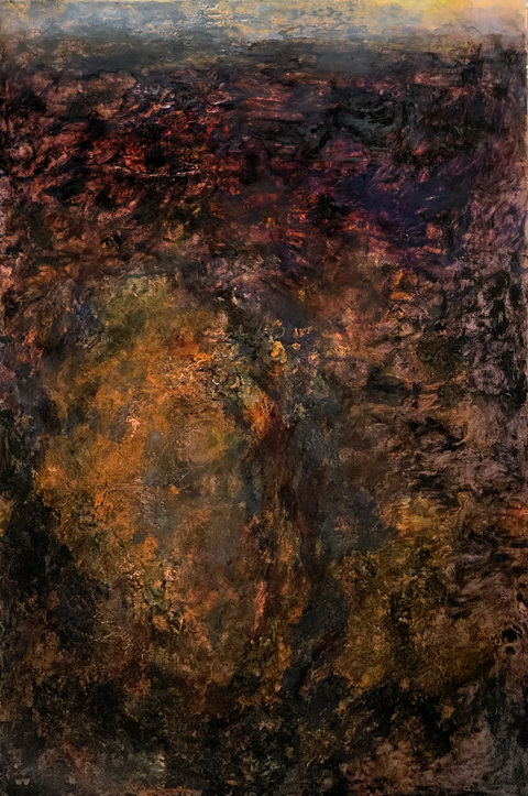 Alan Hobscheid The Pit Oil, charcoal, graphite, and abrasion on copper mounted to wood panel