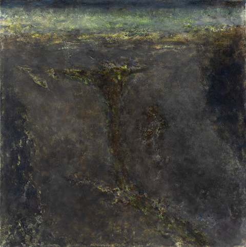 Alan Hobscheid Dead River Oil, charcoal powder, graphite powder, calcium carbonate powder, paper shavings, and abrasions on paper attached to oil painting mounted to wood panel