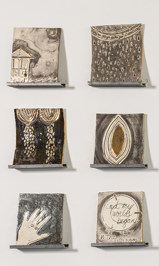 Alexandra Rutsch Brock Memoir Series 2022 stoneware, porcelain, high fire glaze, yellow and white gold luster, ink, steel shelves