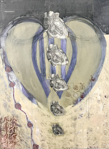 Alexandra Rutsch Brock Paths Of Life 2018/1994 linoleum block print, collage of Gray's Anatomy, watercolor, oil stick, ink, charcoal on paper
