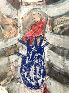 Alexandra Rutsch Brock Paths Of Life 2018/1994 linoleum block print, collage of Gray's Anatomy, watercolor, gouache, ink, charcoal on paper