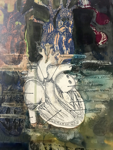 Alexandra Rutsch Brock Paths Of Life 2018/1994 linoleum block print, collage of Gray's Anatomy, watercolor, gouache, ink, charcoal on paper