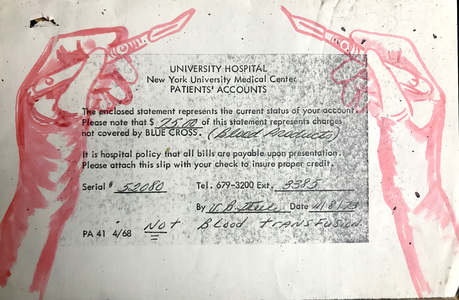 Alexandra Rutsch Brock Paths Of Life 2018/1994 mercurochrome on medical bill from 1973