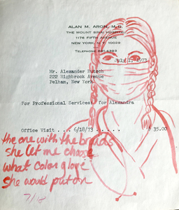 Alexandra Rutsch Brock Paths Of Life 2018/1994 mercurochrome on medical bill from 1973