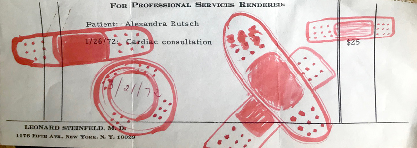 Alexandra Rutsch Brock Paths Of Life 2018/1994 mecurochrome on medical bill from 1972