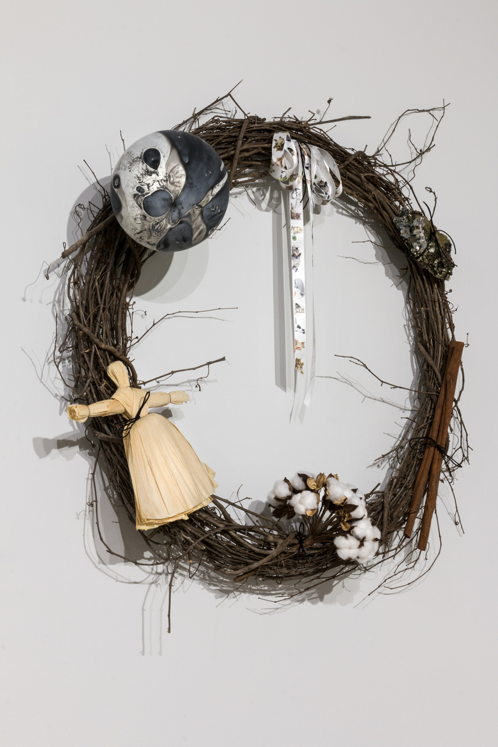 Allison SMITH Two of Wands dried grapevine, satin ribbon, pyrite with quartz crystal cluster, oversize cinnamon sticks, cotton bouquet, corn husk, marble agate latex balloon