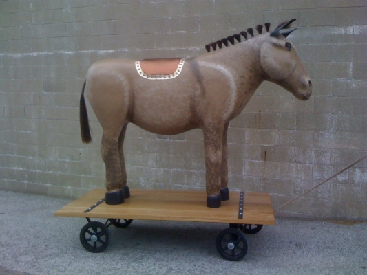 Allison SMITH The Donkey, The Jackass, & The Mule Laminated wood, paint, horse hair, glass eyes, leather, brass tacks, oak boards, steel, rubber, hemp rope