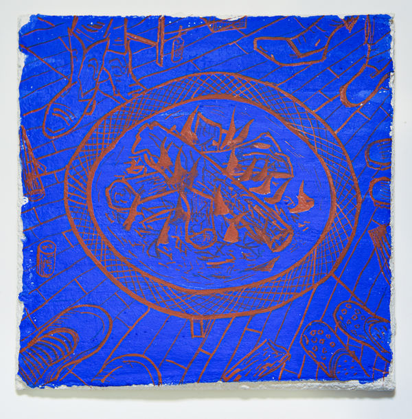 AMANDA LECHNER Fresco synthetic ultramarine blue and iron oxide pigment, buon fresco on ceramic tile