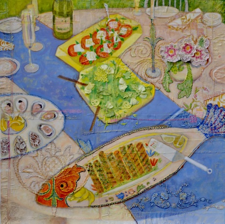 Amy Conover Interiors and Still Life Paintings Oil with mixed media (lace) on canvas