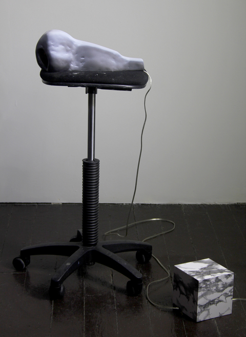 Amy Gartrell 2018 painted ceramic, studio stool, lamp wiring, incandescent flicker bulb, power converter