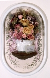  2006-2009 freeze dried flowers, mushroom, paper, ribbon, wicker, acrylic, ink, wire, dome frame